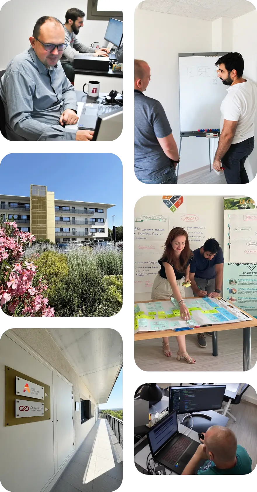 Six photos de l’équipe THOT Computed : un consultant à son poste de travail, le bâtiment Alice Guy à Avignon, les plaques à l’entrée des bureaux, deux collègues devant un tableau blanc, un atelier autour d’une table de post-it, un développeur devant ses deux écrans.